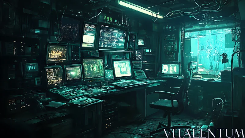 Cozy hacker hideout glowing with teal cyberpunk screens.