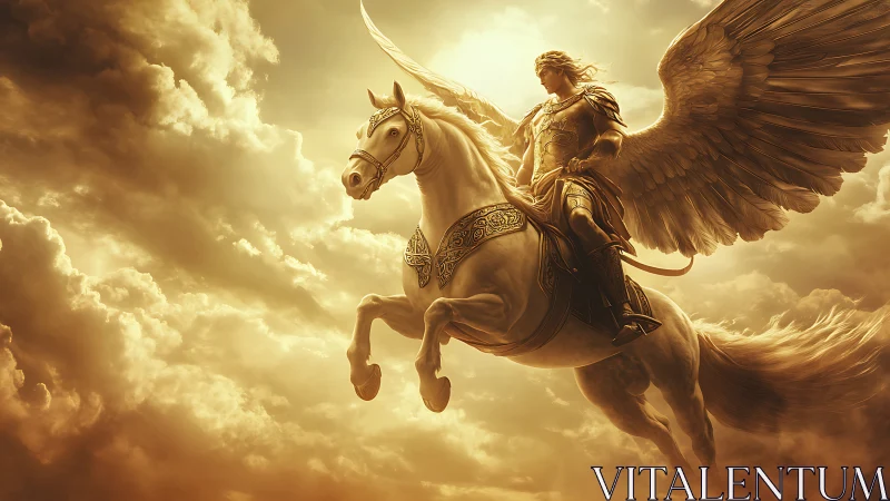 Winged warrior rides celestial horse through blazing clouds.