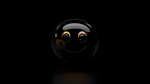 Glossy black smiley sphere on deep black background.