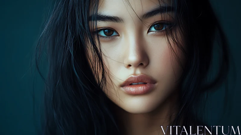 Storm-swept gaze in teal hush, digital portrait spellbound.