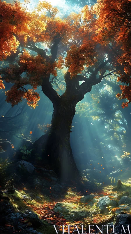 Ancient Tree Glowing in Golden Autumn Light