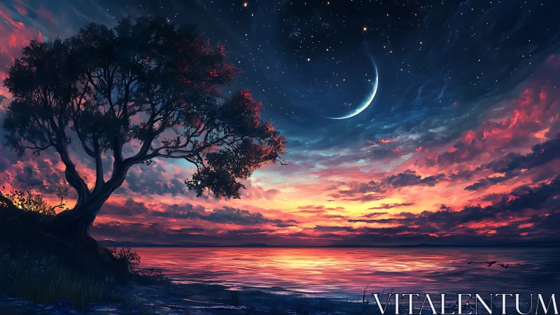 Crescent moon dominates a saturated twilight coastal digital sky