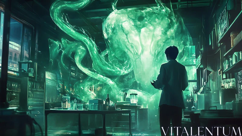 Scientist confronts vast glowing entity in dark laboratory.