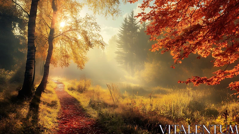 Backlit autumn forest path with mist, warm rim lighting glow