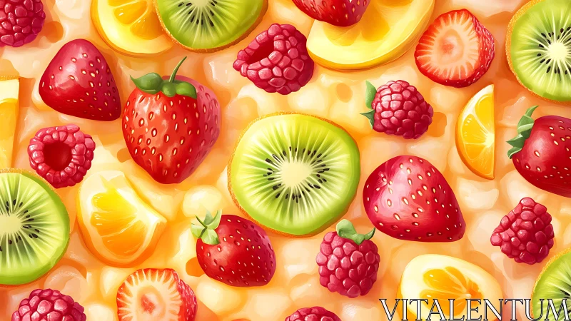 Mixed fruit slices and berries in seamless digital layout.