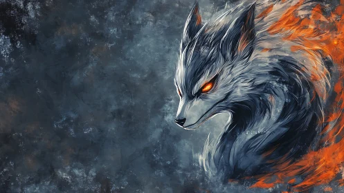 Fiery-eyed spectral wolf emerges from swirling embers