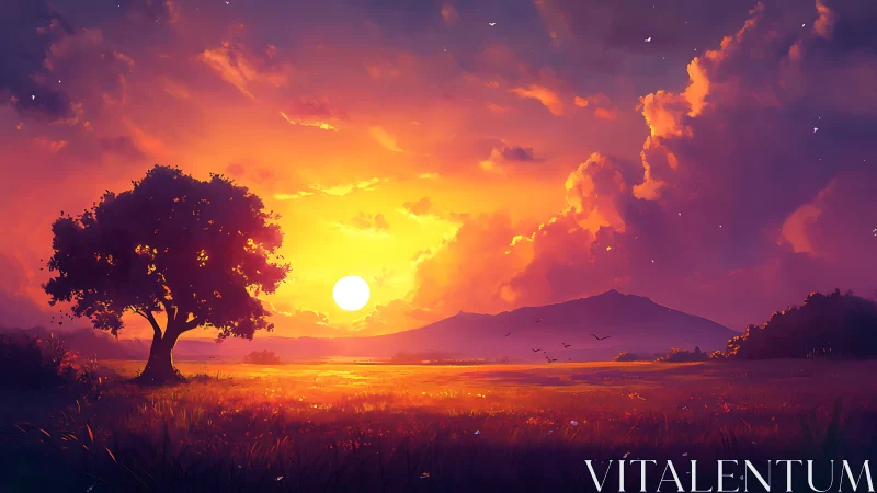 Golden hour meadow glow under a dream-bright sunset sky.