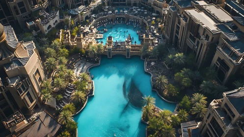 Turquoise Oasis Nestled Within Gleaming Urban Towers