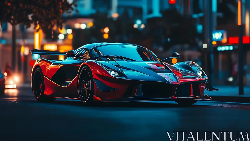 Neon street hypercar slicing through electric city twilight.
