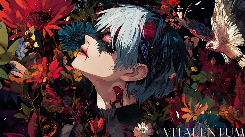Surreal anime portrait merges floral overgrowth and wounded gaze