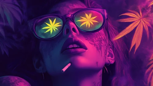 Psychedelic woman portrait with neon cannabis reflection.