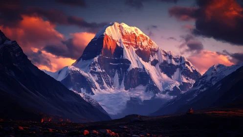 Snowy peak under red sunset clouds, distant valley view.