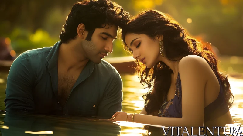 Intimate moment by golden water at sunset.