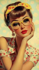 Retro styled woman with yellow glasses and floral clothing.