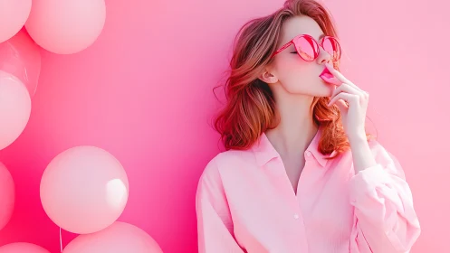 Monochrome pink fashion portrait with balloons and gloss.