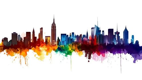 Multicolor watercolor skyline silhouette with highrise towers