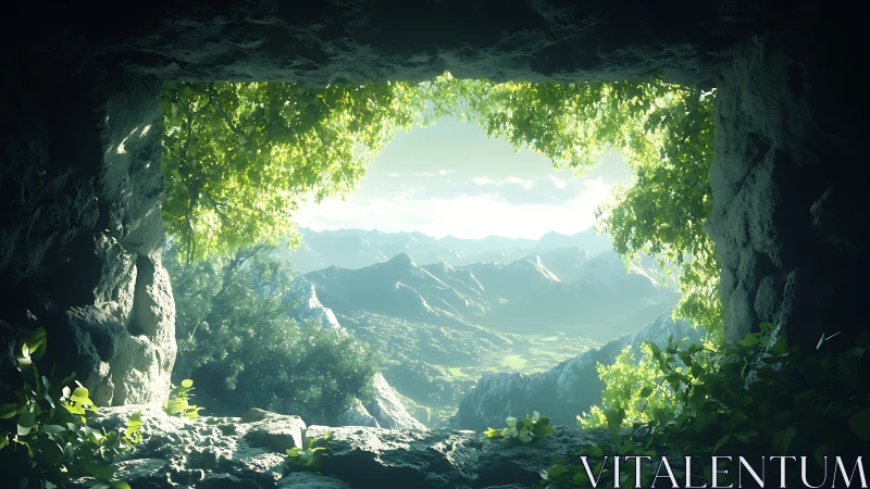 Rocky cave opening framing distant mountain valley landscape.
