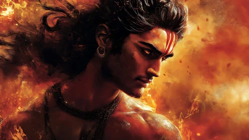 Heroic warrior profile rendered in fiery high-contrast digital painting