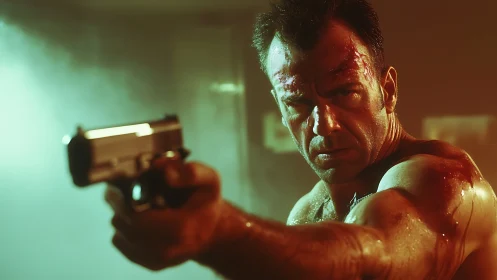 Battle-worn action hero aims pistol in smoky teal light.