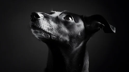 Midnight-muzzled dog gazes upward in sculpted shadows.