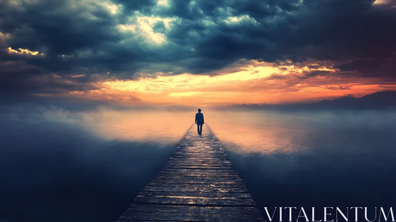 Solitary figure crossing misty pier toward burning horizon.