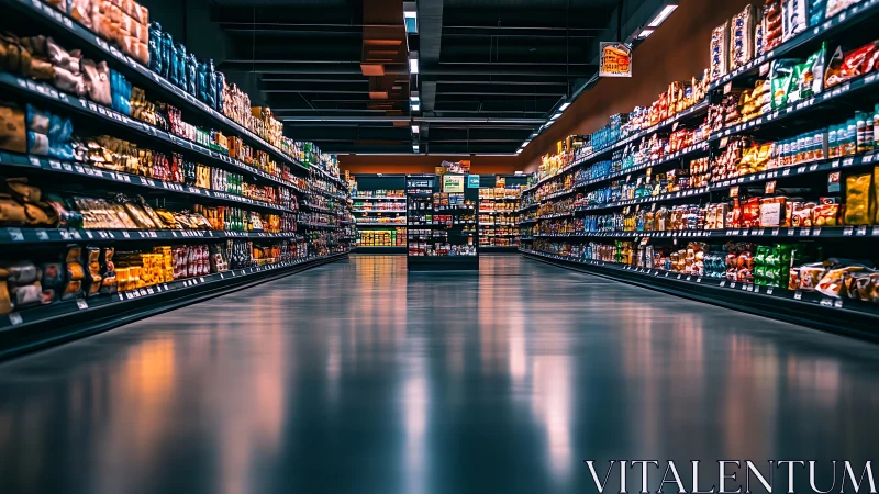 Empty supermarket aisle with stocked shelves at night.