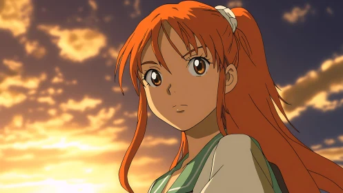 Sunset-lit anime girl gazes over glowing cloud horizon.