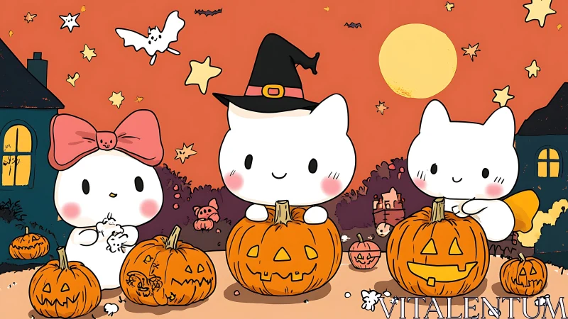 Adorable Halloween Friends Celebrate with Pumpkins Under the Moonlight
