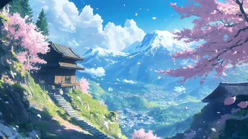 Mountain shrine dreams beneath drifting cherry petals.
