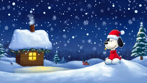 Snowy night wish with cozy cabin and thoughtful pup.