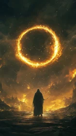 Lone cloaked mage beneath blazing fiery portal ring.