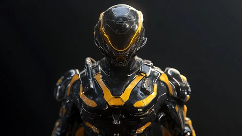 High-gloss black exosuit with orange tactical armor plating