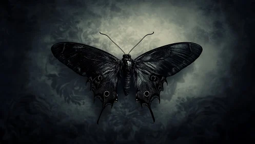 Dark butterfly specimen is centered against diffuse vignette