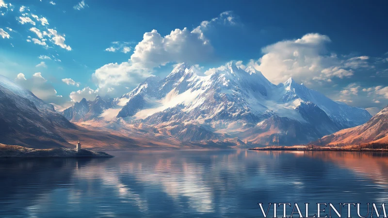 Snow covered mountains rise above calm reflective lake