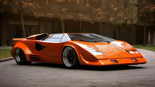 Low-profile orange sports coupe is parked on paved driveway