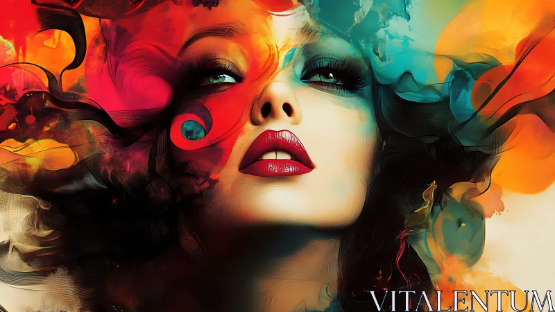 Vivid digital portrait of woman in swirling abstract color.