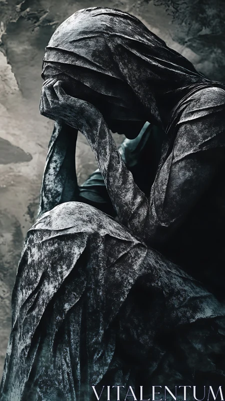 Shrouded stone figure bows in sorrowful, contemplative silence.
