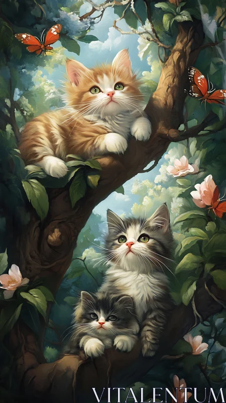 Three Kittens in Flowering Garden with Butterflies.