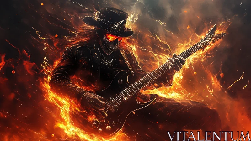 Flaming skeletal guitarist shreds amid infernal firestorm.