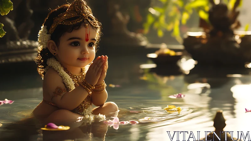 Divine infant deity in lotus pond with cinematic warm light.