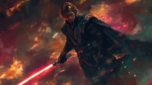 Dark warrior with red energy sword amid burning storm.