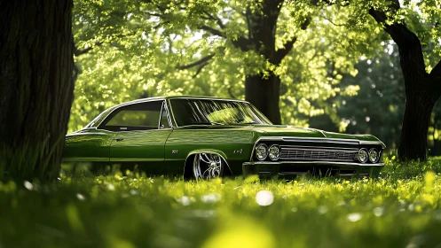 Green classic car resting beneath a bright summer canopy.