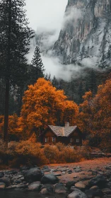 Fog-draped mountain cabin cradled in ember-bright forest hush.