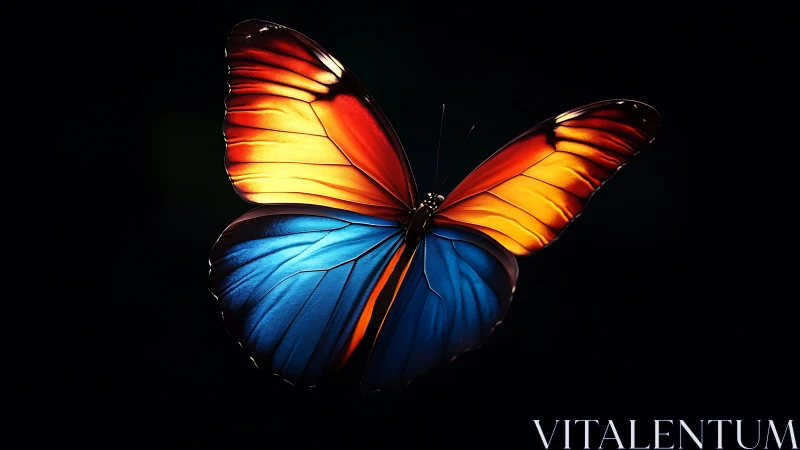 Vibrant orange blue butterfly glows against black void
