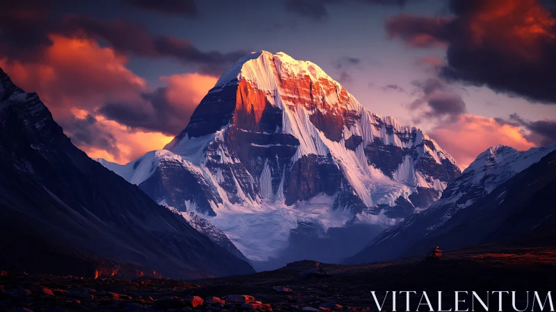 Snowy peak under red sunset clouds, distant valley view.