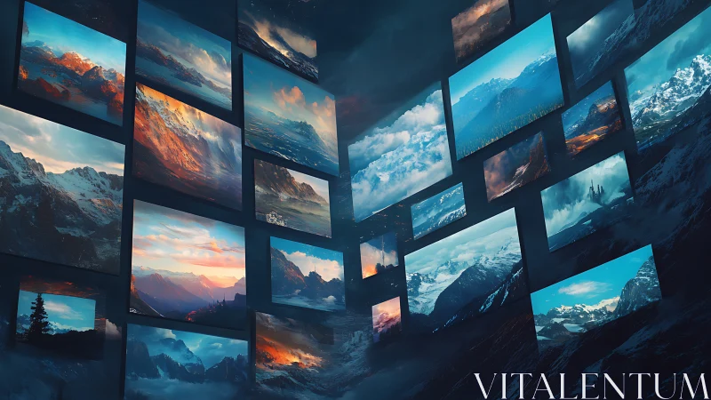 Layered digital wall of floating mountain landscapes.