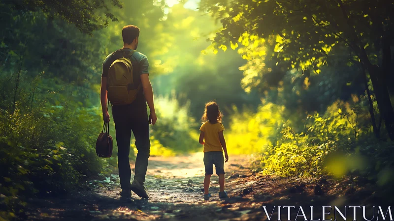 Backlit Forest Trail: Adult and Child Walking Through Dappled Canopy Light