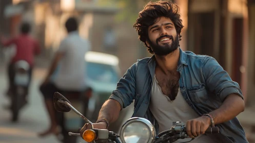 Bearded rider in warm backlight navigates urban street confidently