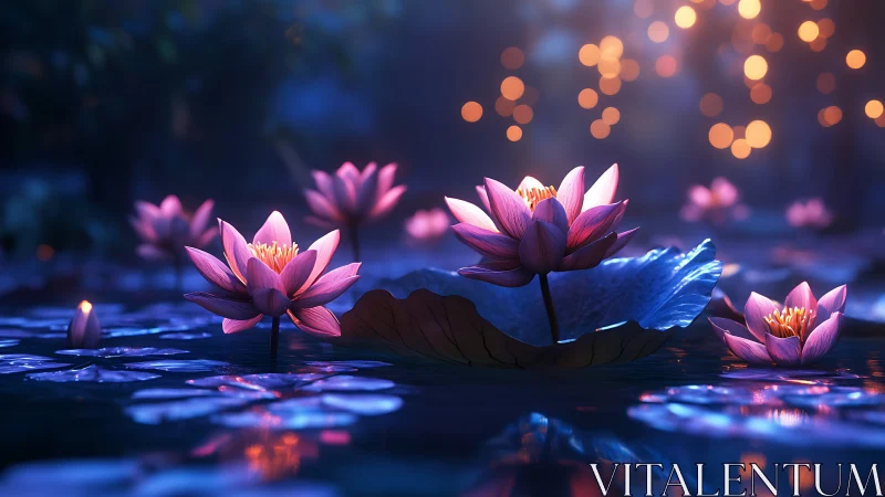 Luminous Pink Lotus Blooms in Digital Blue Nocturne