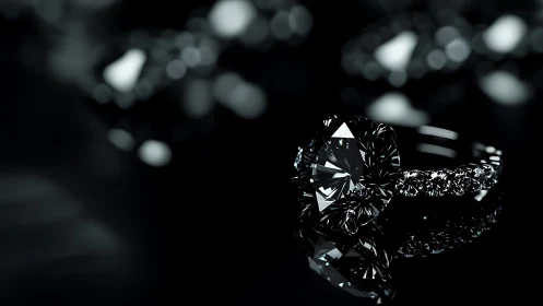 Black diamond engagement ring rests on reflective surface